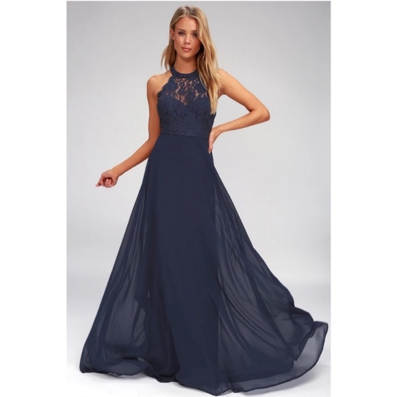 Lulus Women’s Navy Dance All Evening Lace Maxi Halter Dress Size Medium Wedding
